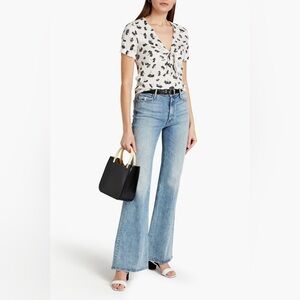 Maje Liseille Floral Print Tie Neck Top in White/Black